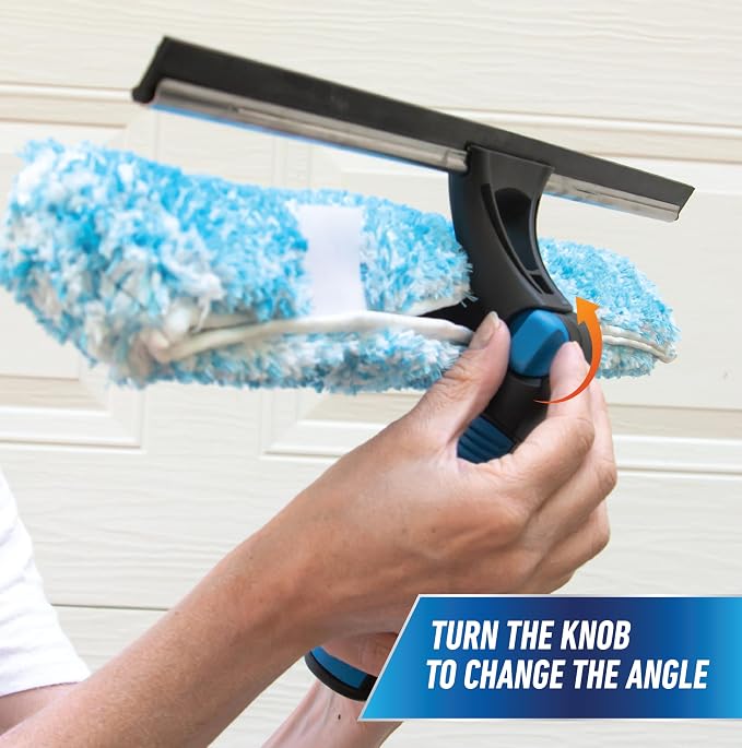 Unger Professional Connect and Clean 18” Proflex 2-in-1 Squeegee and Scrubber, High Access Window Cleaning Tool with Pivoting Head, Commercial and Residential Use, Reusable Microfiber Sleeve