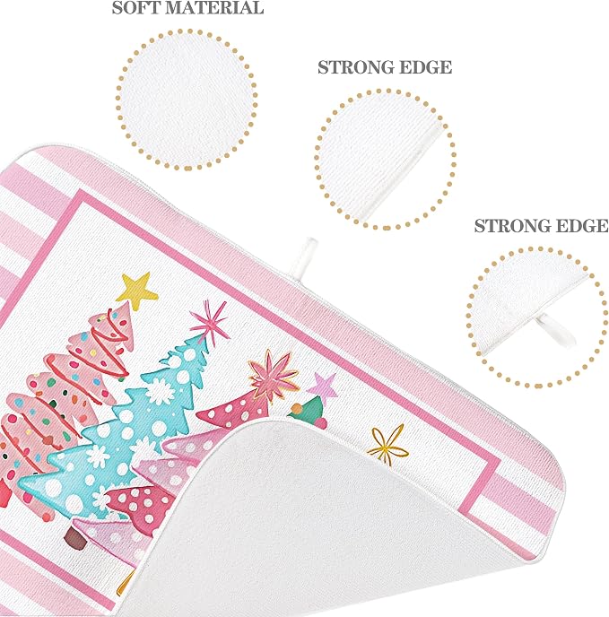 Christmas Dish Drying Mats 18x24 Inch Stripes Watercolor Pink Christmas Trees Star Drying Mats Xmas Winter Holiday Kitchen Decor Absorbent Drying Dish Pad for Kitchen Dining Room Counter