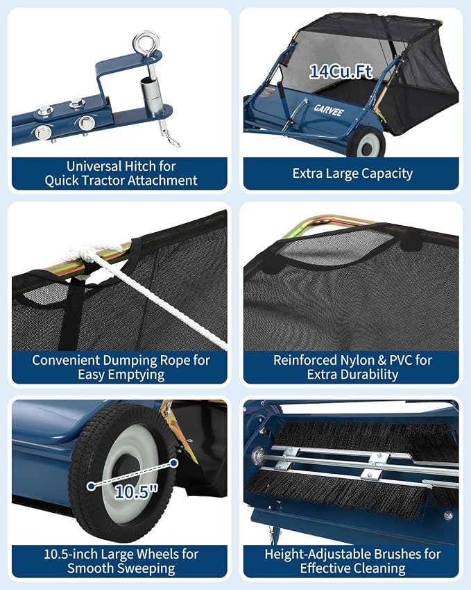 Garvee Tow Behind Lawn Sweeper 42 Inch, Heavy Duty Leaf & Grass Collector | Yard Sweeper Pull Behind,14 cu.ft. Leaf Collector,Tool-Free Adjustable Brush Height,Dumping Rope for Yard,Driveway,Sidewalk