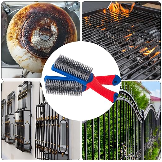 Wire Brushes 2 Pcs Steel Brushes Heavy Duty Carbon Steel and Stainless Steel Wire Scratch Brush with Rubber Ergonomic Handle (16x3.5cm)