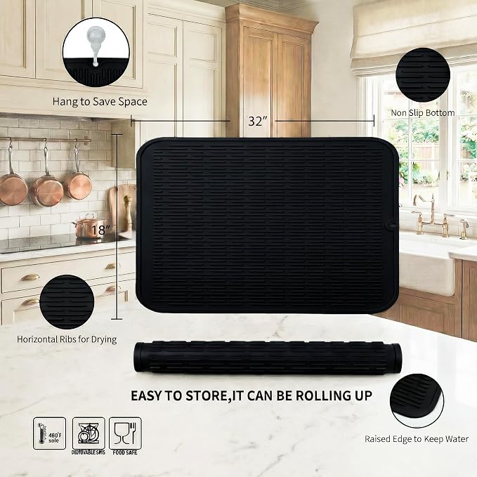 MicoYang Silicone Dish Drying Mat for Multiple Usage,Easy clean,Eco-friendly,Heat-resistant Silicone Mat for Kitchen Counter or Sink,Refrigerator or Drawer Liner Black 4XL 32 inches x 18 inches