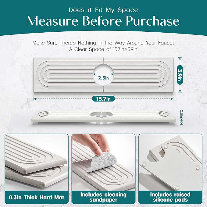 Eormoe Kitchen Sink Faucet Mat - 15.7in Diatomite Sink Protectors for Kitchen Sink, Stone Sink Splash Guard for Kitchen Counter Sink Accessories (Light Grey, 15.7'' x 3.9'')