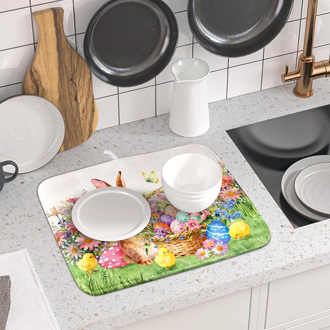 Spring Easter Dish Drying Mat for Kitchen Counter Colorful Egg Holiday Decoration Cloth Dish Mats Small