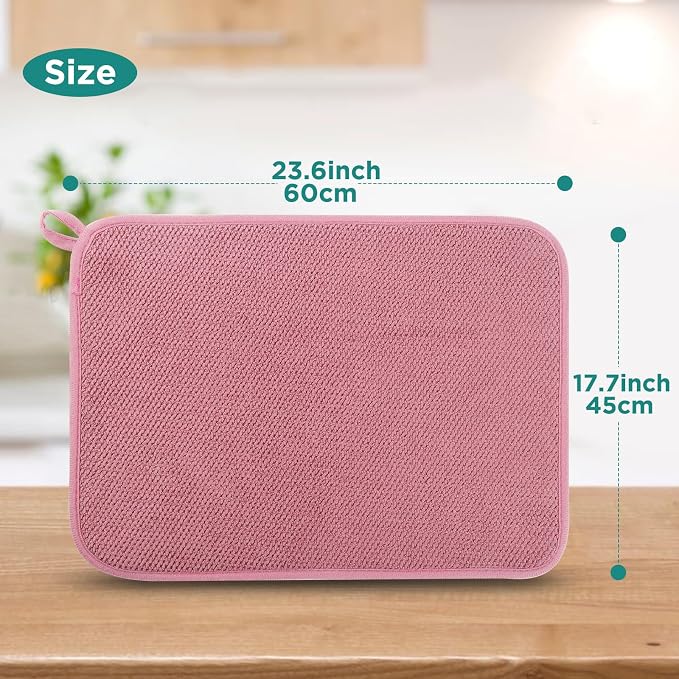 GeeRic Microfiber Dish Drying Mat, Super Absorbent Kitchen Dish Drying Pad, Reversible Gift Mats for Countertop, 17.8 * 23.6 inch Pink