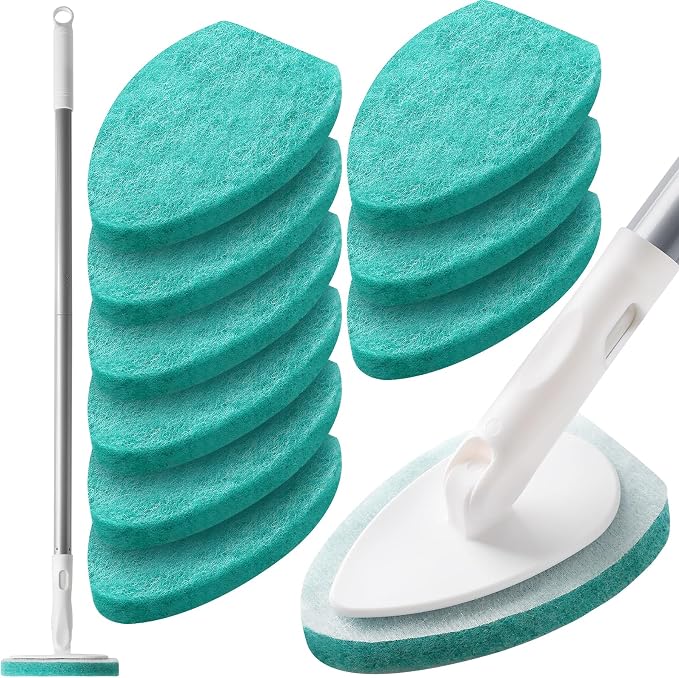 Creatyi Professional Shower Scrubber with Long Handle, Shower Cleaner Brush, Shower and tub Scrubber with 10 PCS Non-Scratch Scouring Pads for Bathroom Shower and tub