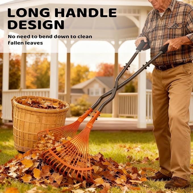 Leaf Grabber Rake with Long Handle, Black and Orange, Heavy-Duty Garden Lawn Cleanup Tool