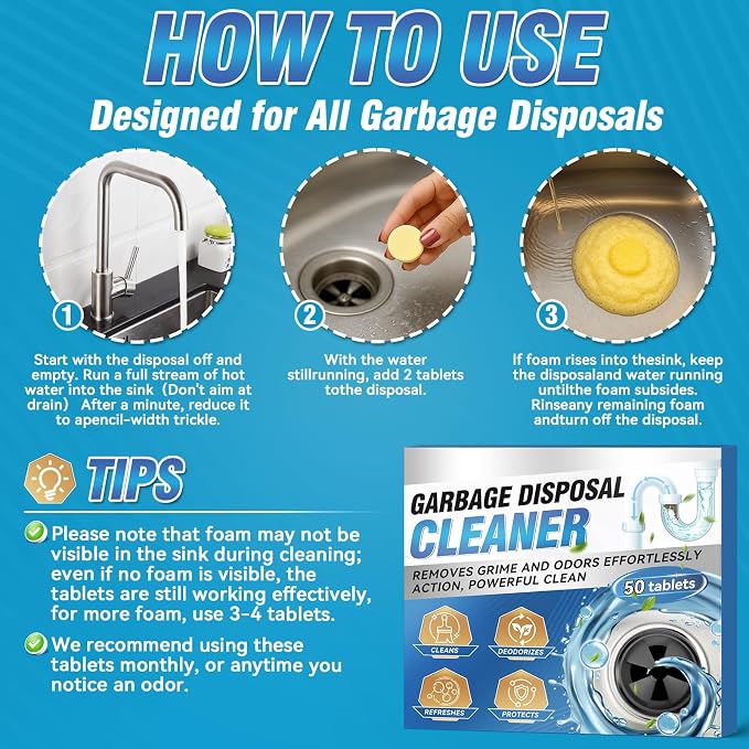 Yeardera Garbage Disposal Cleaner and Deodorizer Tablets - 50 Count (1-Year Supply), Powerful Foaming Sink Cleaner, Quickly Eliminates Odors, Natural Drain Odor Eliminator for Kitchen Disposal Care