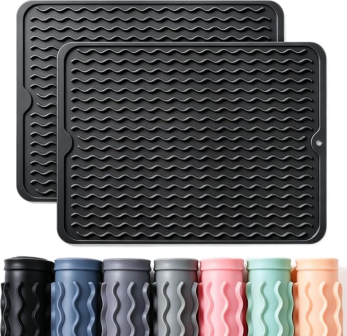 2 Pack Caketime Silicone Dish Drying Mat for Kitchen Counter Under Sink Protector Organizers Cooking Baking for Blackstone Griddle Accessories Coffee Mats Appliance Stone Rack Trays Drain Black