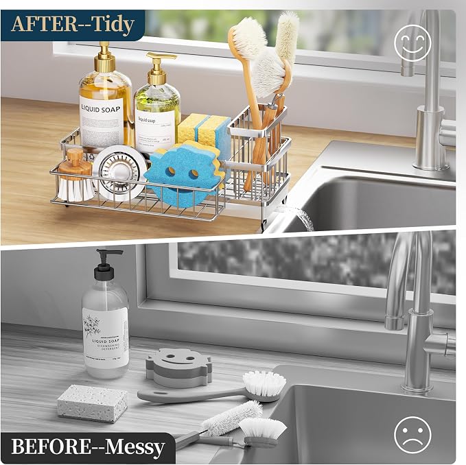 Consumest Sponge Holder for Kitchen Sink - Auto Draining Sink Caddy Organizer with Detachable Rack, High Brush Holder, Kitchen Countertop Storage Accessories, Silver-Large