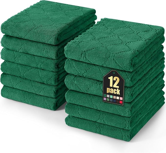 Homaxy 12 Pack Dish Towels for Kitchen (10 x 20 Inches, Dark Green), Super Soft and Absorbent Coral Velvet Dish Cloths for Washing Dishes, Nonstick Oil Fast Drying Microfiber Cleaning Cloth