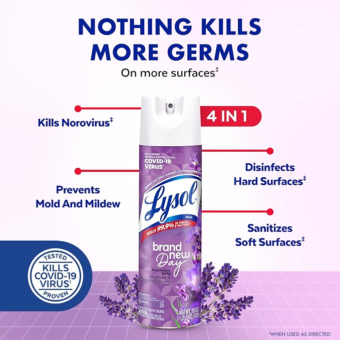 Lysol Disinfectant Spray, Household Cleaning Supplies, Disinfecting Multi-Purpose Room Spray, Antibacterial Sanitizer, Deodorizer, Kills Hantavirus, Lavender & Cotton Blossom, 19 Fl Oz (Pack of 2)