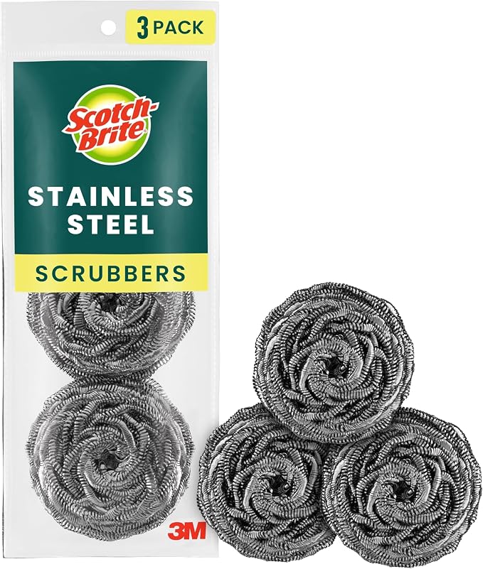 Scotch-Brite Stainless Steel Scrubbers,Scouring Pads for Cleaning Tough Baked-On Messes,Metal Scrubbers for Cleaning Dishes,3 Scrub Pads,(Pack of 8)