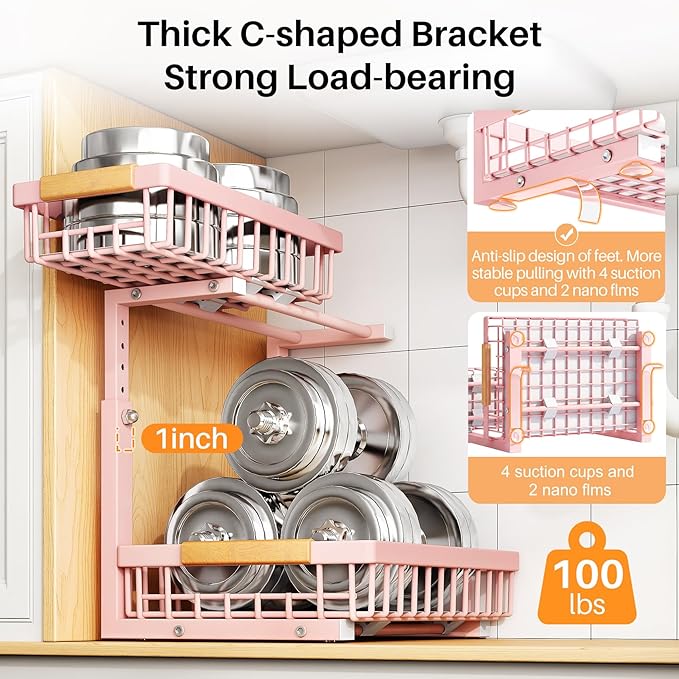 PXRACK Under Sink Organizer, Adjustable Height, 2 Tier Pull Out Under Cabinet Organizer, Slide Out Thickened Metal Under Sink Storage for Kitchen Bathroom Laundry Pantry Cabinet, Pink, Large-2-Pack