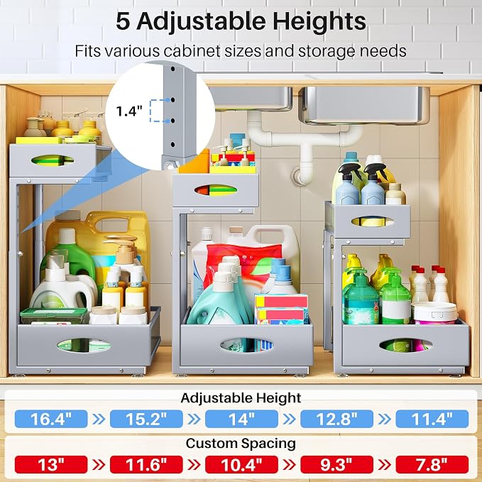 Under Sink Organizer, 2 Tier Pull Out Under Cabinet Organizer Shelf with Pad for Framed Cabinets, Metal Slide Out Under Sink Storage, Mesh Sliding Drawers for Kitchen Bathroom Laundry(Grey, 1 Pack)