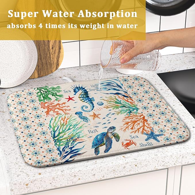 Giwawa Nautical Coastal Dish Drying Mat Sea Turtle Seahorse Dish Drainer Pad 16"x18" Microfiber Reversible Fast Dry Pad for Kitchen Counter Decor