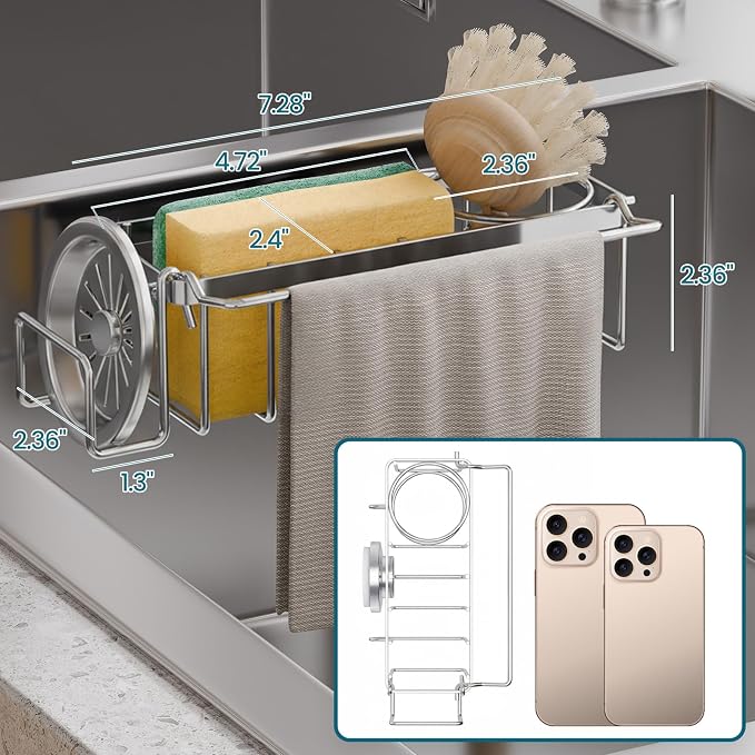 TAILI Sponge Holder with Strong Suction Cup, 4-in-1 Rustproof Sink Organizer - Sink Caddy Holds Sponges, Brushes, Stoppers & Scrapers -Silver