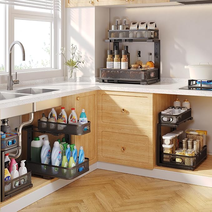 2 Pack 15.7IN-Depth Under Sink Organizer With Smooth Cylindrical Rail,2-Tier Pull Out Multi-Purpose Cabinet Storage for Bathroom&Kitchen,Height Adjustable,Rust-resistant Coating-Black