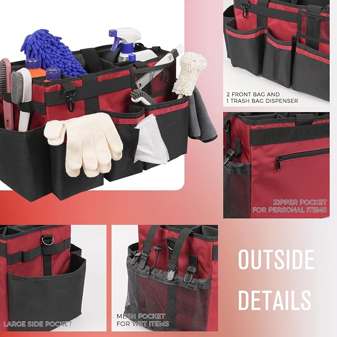 SCAVATA Wearable Cleaning Caddy, Cleaning Caddy Supplies Organizer with Handle & Shoulder Straps for Housekeepers, Under Sink & Car Cleaning Tool Organizers Bag with 4 Foldable Divider (Wine)