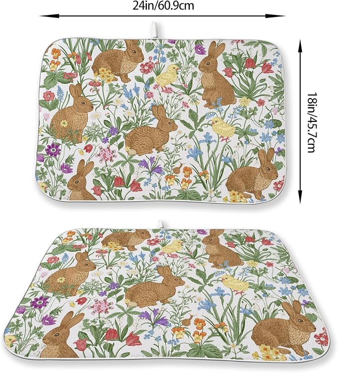Spring Dish Drying Mat 18x24 Inch Easter Rabbit Bunny Floral Drying Mat Sage Green Wildflower Holiday Absorbent Dish Drying Pad Dish Rack Drainer Mats for Kitchen Dining Counter