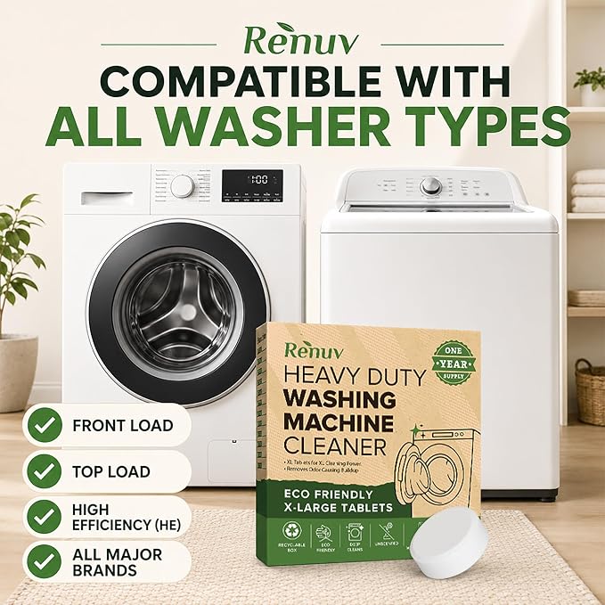 Renuv® Heavy Duty Washing Machine Cleaner & Descaler, 12 XL Tablets | Deep Cleaning Tablets Remove Residue, Grime Buildup, Front Load or Top Load Washer, HE and Septic Safe, 1 Year Supply