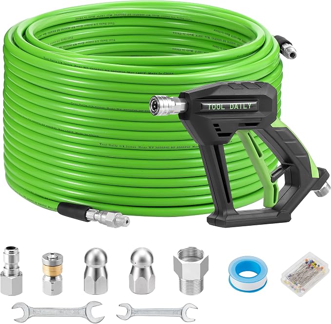 Tool Daily Sewer Jetter Kit for Pressure Washer 200 FT, Power Washer Gun | Drain Cleaner Hose 1/4 Inch NPT, Corner, Rotating and Button Nose Sewer Jet Nozzle, 3600 PSI
