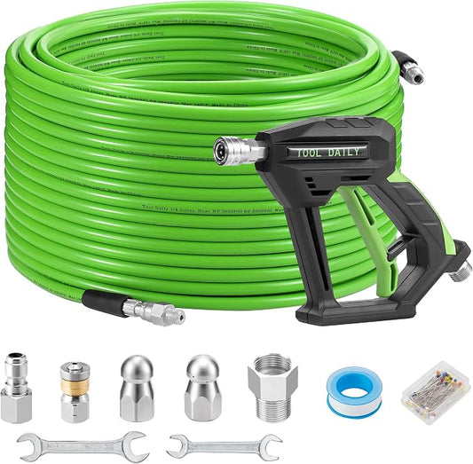 Tool Daily Sewer Jetter Kit for Pressure Washer 200 FT, Power Washer Gun | Drain Cleaner Hose 1/4 Inch NPT, Corner, Rotating and Button Nose Sewer Jet Nozzle, 3600 PSI