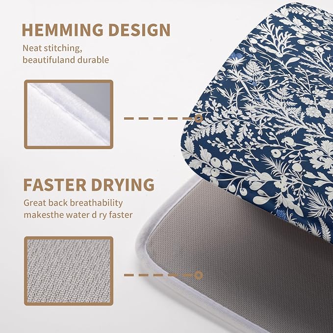 Blue and White Plant Dish Drying Mat Botanical Fern Leaves Floral Drying Mats for Kitchen Counter Microfiber Absorbent Dish Draining Mat Reusable Washable Dish Rack Pad 18x24 Inch