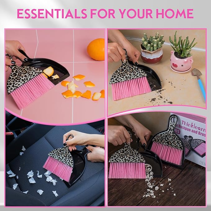 THINKLEARN 2PCS Small Dust Pan and Brush Set, Mini Broom Dustpan Kit | Portable Brush Dustpan Combo Set, Pink Leopard Print Design, Compact Cleaning Supplies