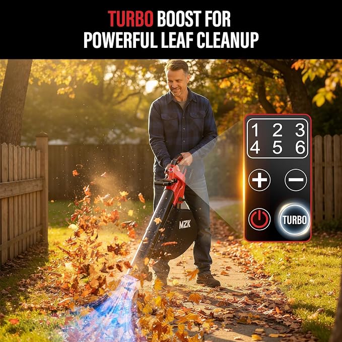 MZK 40V Leaf Vacuum Mulcher, 600 CFM Cordless Blower | High-airflow 3-in-1 tool with 40L bag and dual batteries for leaf collection around lawns and driveways.