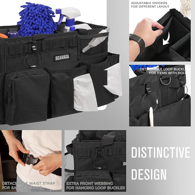SCAVATA Wearable Cleaning Caddy Bag, Supplies Organizer with Handle & Shoulder Straps for Housekeepers, Under Sink & Car Cleaning Tool Organizer with 4 Foldable Dividers (Black)