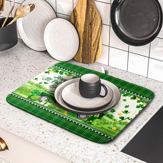 Shamrock Truck Dish Drying Mat Buffalo Check Dish Drainer Mat 16x18 inch Reversible Microfiber Quick Dry Rack Pad for Kitchen Counter Sink