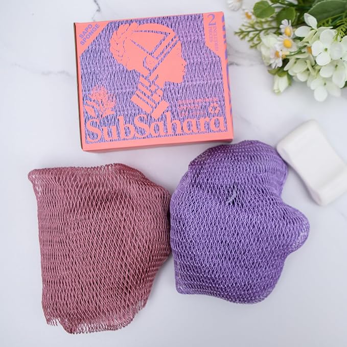SubSahara Authentic African Net Sponge - 2 Pack Exfoliating Bath & Shower Loofah Sponge for Body & Face, Gentle Scrubber for All Skin Types, Travel, Durable (Blush Pink & Lavender Purple)