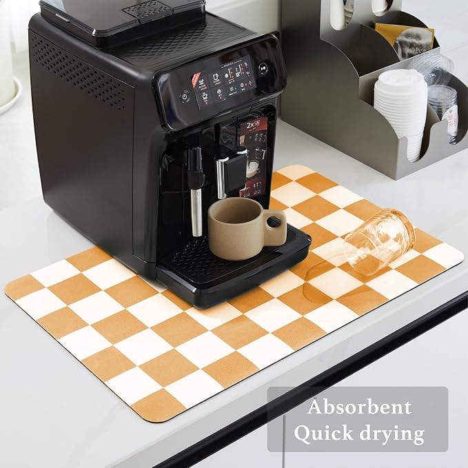 Ohocut Checkered Dish Drying Mat for Kitchen Counter, Coffee Bar Station Accessories, Retro Cute Aesthetic Modern Absorbent Drainer Mat Kitchen Drying Mat Easy Clean, Orange 16" x 24"