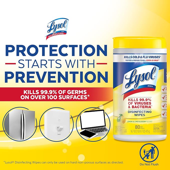 Lysol Disinfectant Wipes, Multi-Surface Antibacterial Cleaning Wipes, For Disinfecting and Cleaning, Lemon and Lime Blossom, 80 Count (Pack of 4)