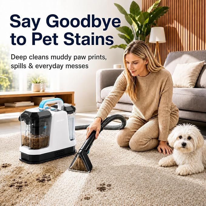 Portable Carpet Upholstery Cleaner for Furniture, Pet Stains, Car Interiors | Powerful Suction, Faster Drying, Deep Stain Removal, Lightweight Design, Large Dual Tanks, Long Hose & Cord, Home & Car Use