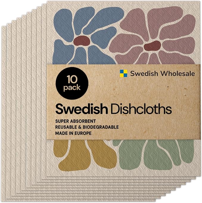 Swedish Wholesale Dishcloths Reusable 8" x 7" Sponge Cloths, Bulk 10 Pack of High Absorbent Cellulose Dish & Kitchen Cleaning Hand Towels, Wring to Dry & Machine Wash, Odor Resistant, Retro Flower