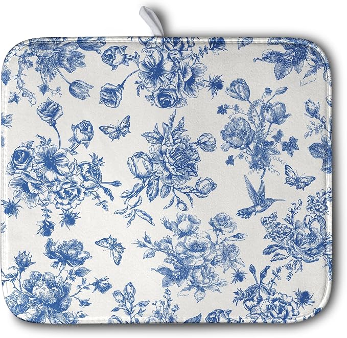 Dish Drying Mat for Kitchen Counter Blue and White Floral Drying Mats Chinoiserie Vintage Flowers Dish Drying Pad for Dishes Microfiber Absorbent Dish Drainer Rack Mat for Countertop 16x18 Inch