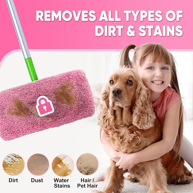 6-Pack Reusable Mop Pads Compatible with Sweeper Mop - 100% Coral Fleece Washable Refills - Microfiber Dry & Wet Sweeping Cloths for Multi-Surface/Hardwood Floor Cleaning- Pink