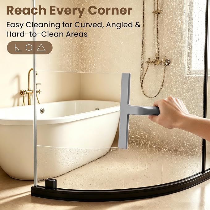 10 Inch Silicone Shower Squeegee for Glass Doors, Streak-Free, Grey | No-Squeak Silicone Blade, Ergonomic Round Grip and Built-In Hook for Quick Daily Cleaning of Shower Glass, Tile and Windows