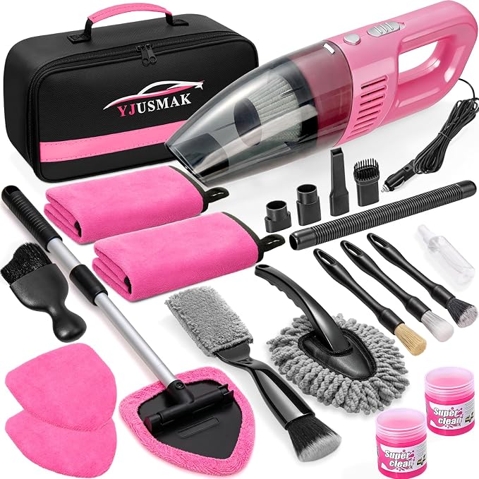 21PCS Car Detailing Kit Interior Cleaner - with Handheld Car Vacuum, Windshield Cleaning Tool, Detailing Brushes, Car Cleaning Supplies Kit for Women Men (Pink)