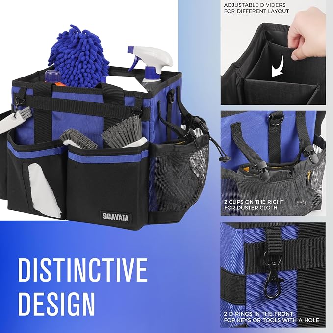 SCAVATA Compact Wearable Cleaning Caddy with Handle & Shoulder Straps | Small Cleaning Supplies Organizer, Under Sink & Car Cleaning Tools Storage Bag for Housekeepers Cleaners, Blue