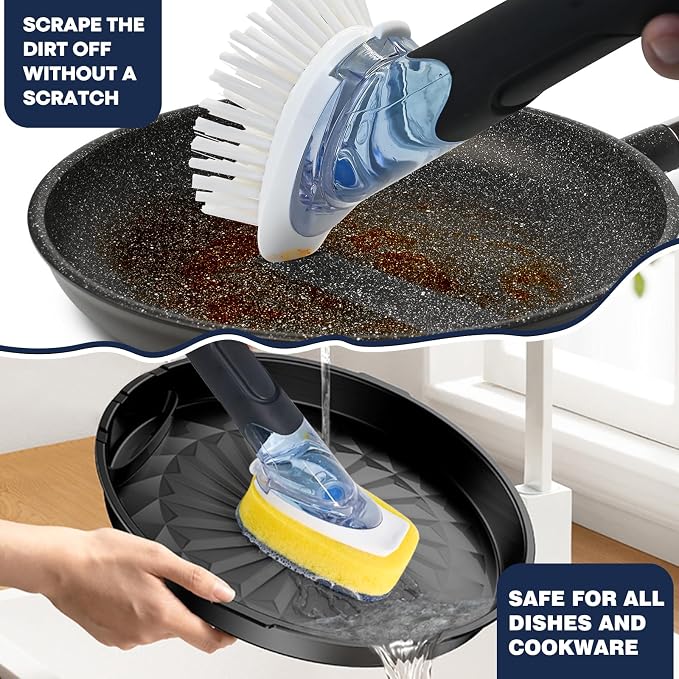 RIMAY Dish Brush with Soap Dispenser Storage Set with 2 PCS Brush Refills & Holder, Dish Scrubber with Soap Dispenser, Dish Soap Brush, Dish Wand with Soap Dispenser for Dishes, Pans, Sink, Pots