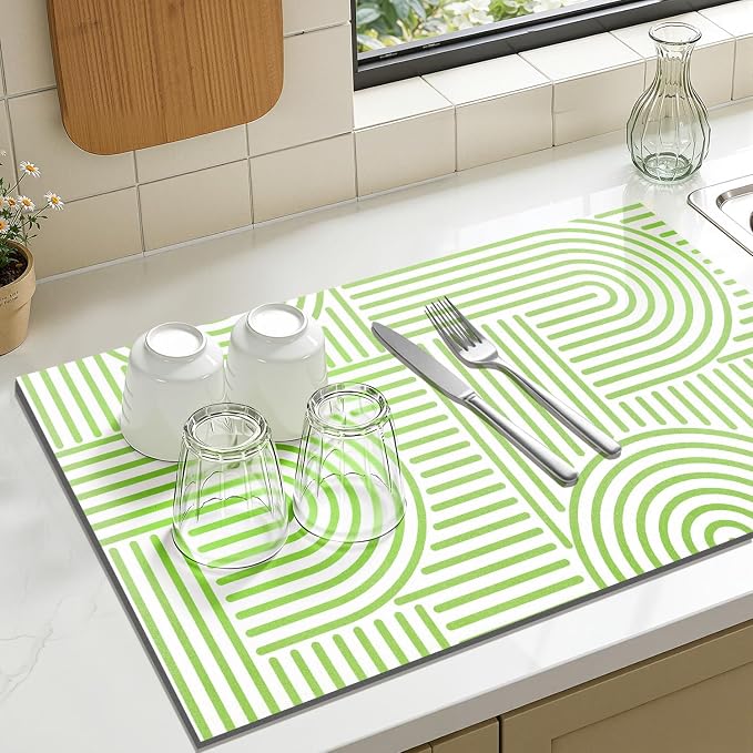 Findosom Dish Drying Mat, 12" x 20" Super Absorbent Dish Mat with Modern Geometric Striped, Hide Stain Drying Mat for Kitchen Counter, Under Dish Rack, Coffee Maker, Espresso Machine, Green & White
