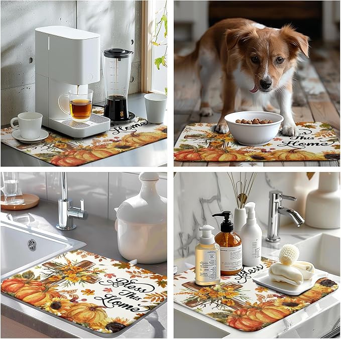 Fall Drying Mat for Kitchen Counter Autumn Thanksgiving Pumpkin Cross Dish Mat Sunflower Maple Leaf Absorbent Microfiber Dish Draining Mat Reusable Dishes Pad Medium 16"x18"
