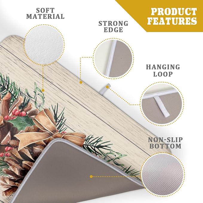 Winter Pine Cone Dish Drying Mat Holly Berries Dish Draining Mat Microfiber Washable Dish Drainer Rack Mat for Home Kitchen Counter 18"x24"