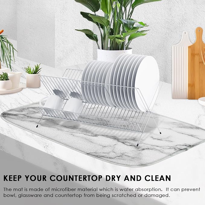 Sanwarm Absorbent Dish Drying Mat, Marble Gray Stone Paint Microfiber Pad for Kitchen Counter, Coffee Bar Decor, Heat Resistant and Reversible, 16" x 18"