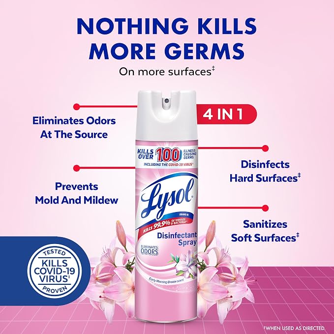 Lysol Disinfectant Spray, Household Cleaning Supplies, Disinfecting Multi-Purpose Room Spray, Antibacterial Sanitizer, Deodorizer, Kills Hantavirus, Early Morning Breeze, 19 Fl Oz (Pack of 2)