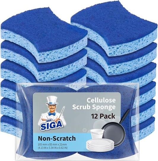 MR.SIGA Non-Scratch Cellulose Scrub Sponge, Dual-Sided Dishwashing Sponge for Kitchen, 12 Pack