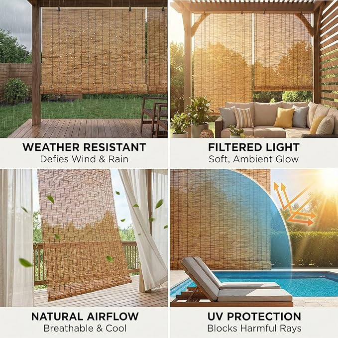 Bamboo Roll up Blinds Outdoor, Weather Resistant Bamboo Roller Shades for Patio Porch Pergola, Sun Blocking Reed Privacy Screen Window Sun Shade, Cordless(70" W x 36" H)
