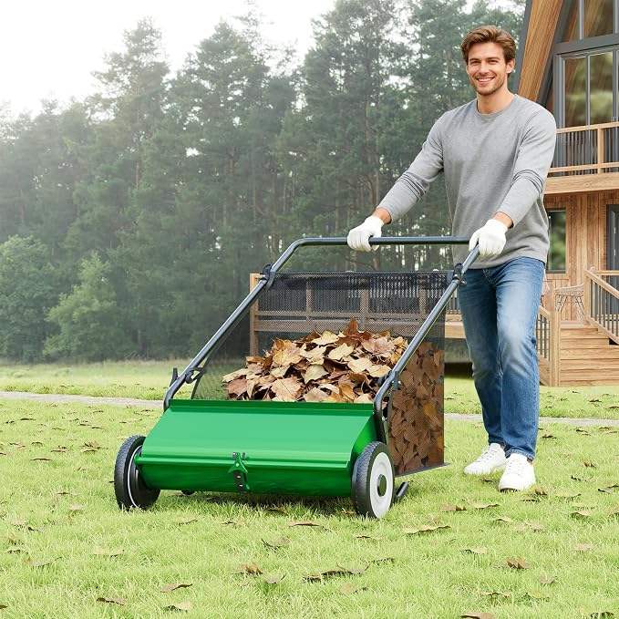 Garvee Push Lawn Sweeper,21-Inch Width Enhanced 4-Brush System with Large 3.5 cu. ft. Hopper Bag, Ideal for Yard and Garden Cleanup, Green | Brush Height Adjustment, All-Terrain Suitable, 3.5 cu.ft Hopper Bag, Durable Steel Frame, Easy Setup, Compact &...
